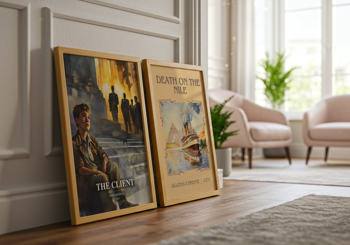 The Client watercolour print framed by window – literary home decor