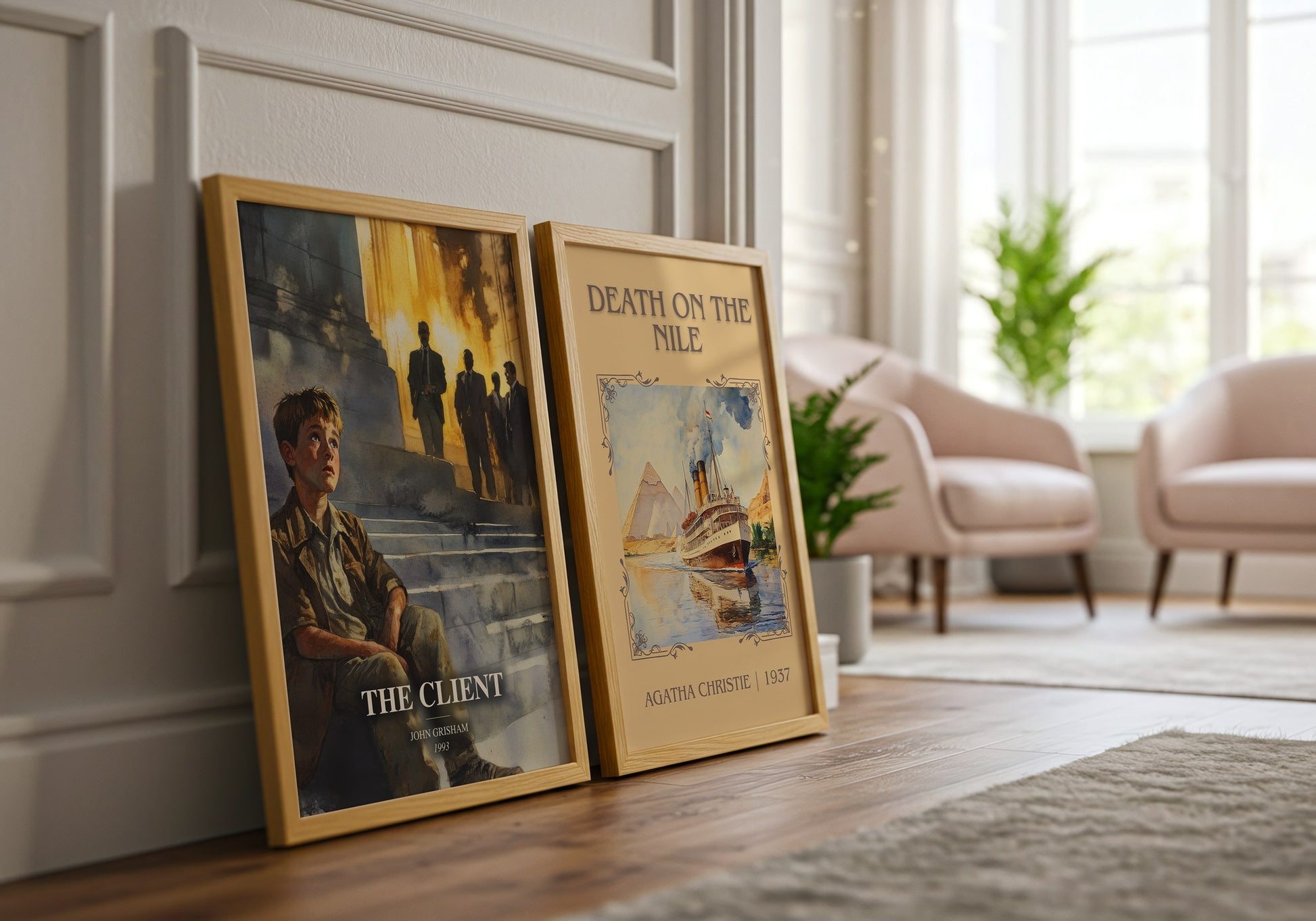 The Client watercolour print framed by window – literary home decor