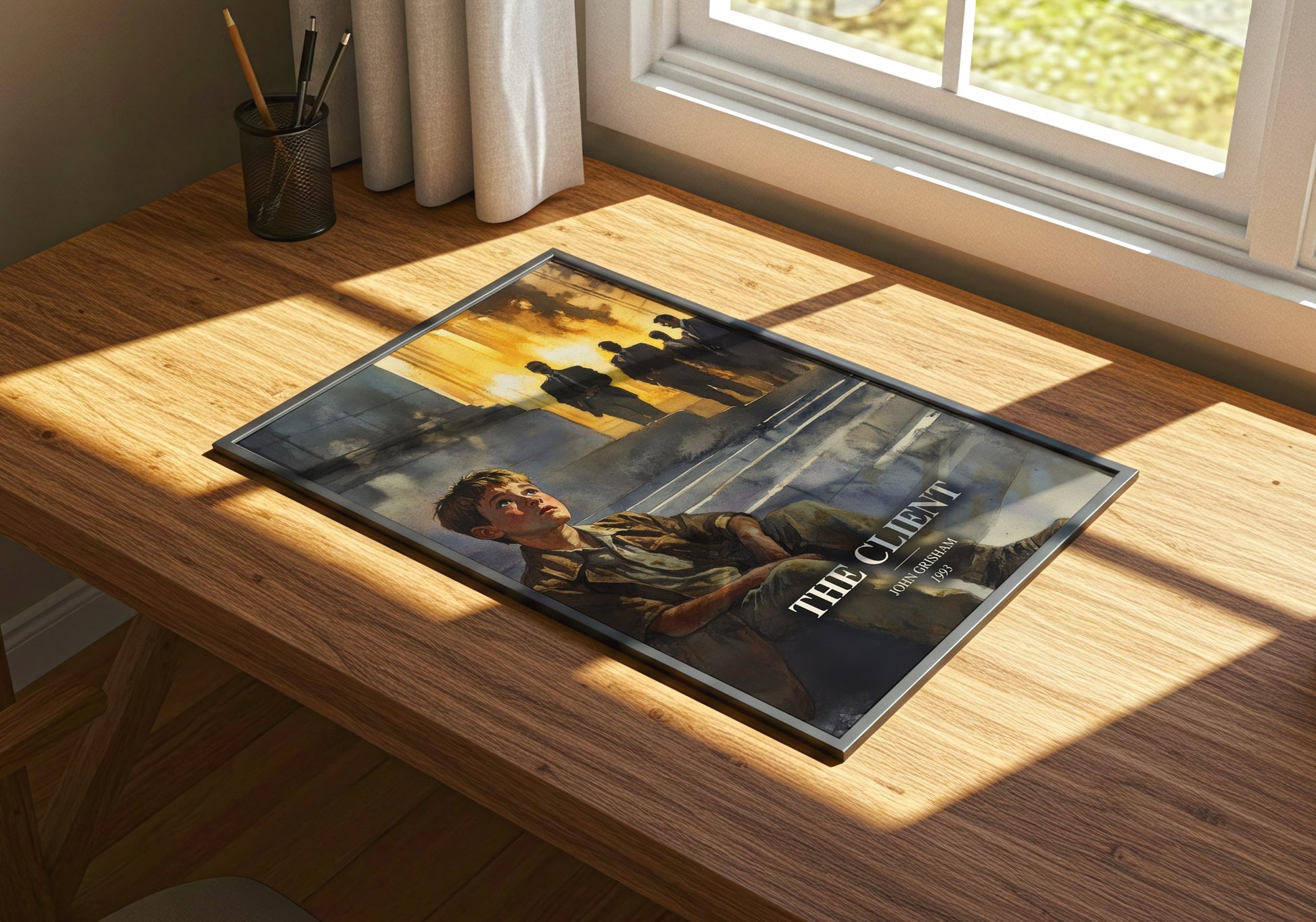 The Client watercolour book poster framed on wall – thriller wall art