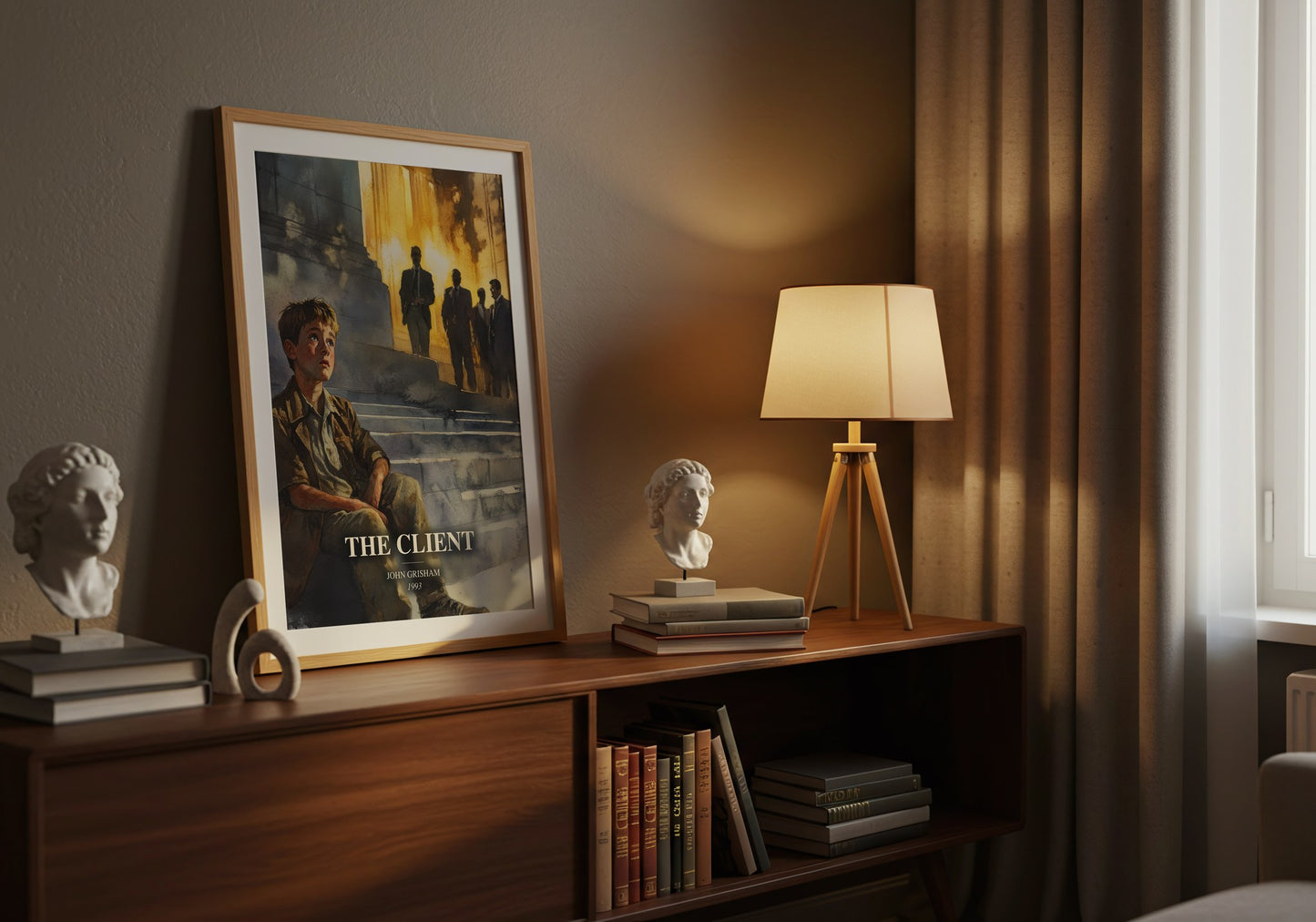 The Client watercolour print on bookshelf – John Grisham fan gift