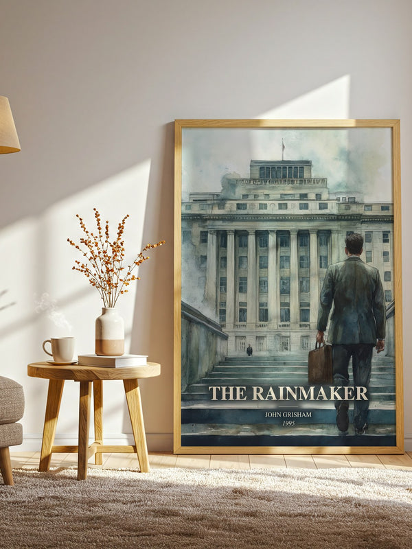 The Rainmaker watercolour print in frame leaning in hallway – legal thriller wall art