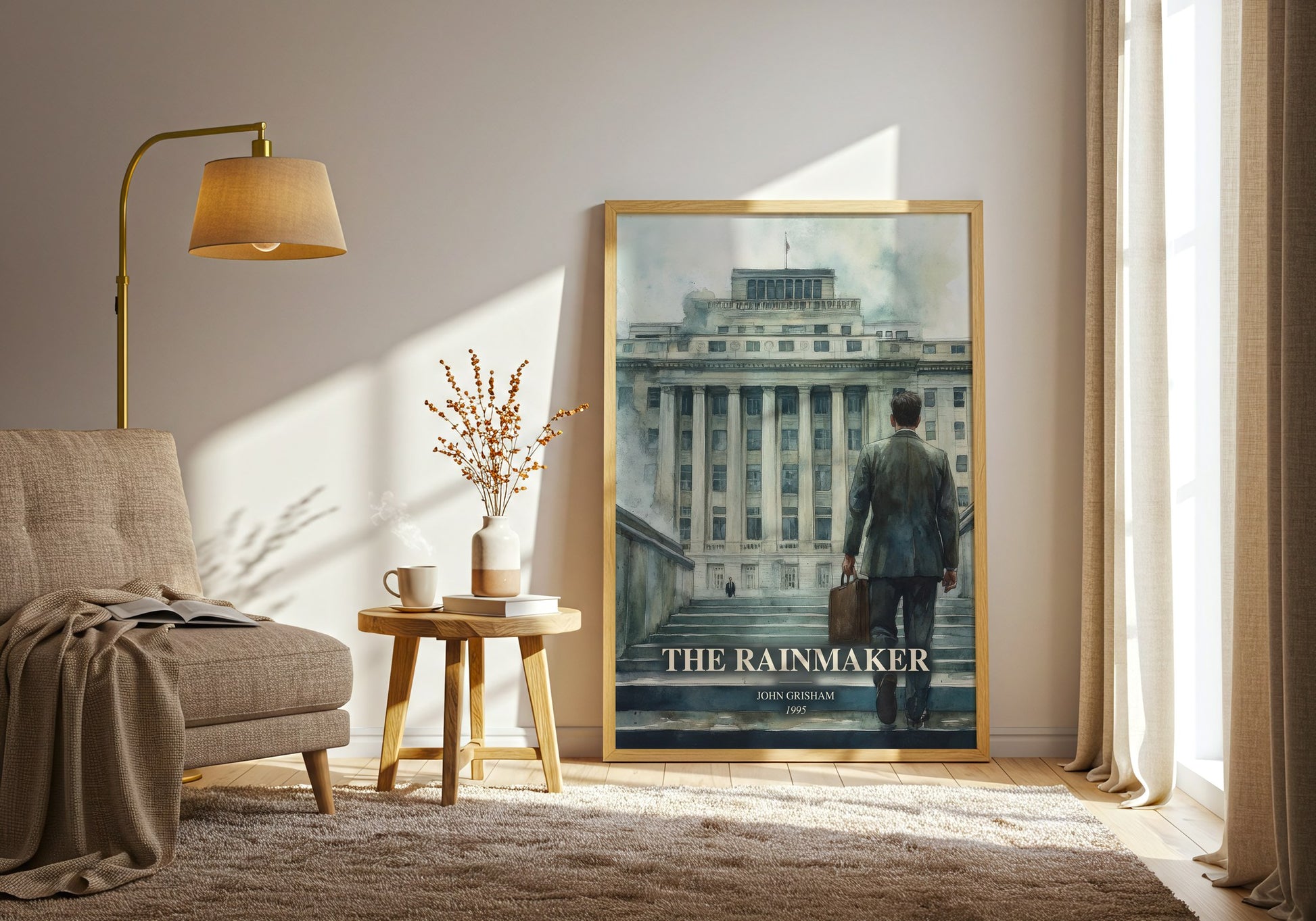 The Rainmaker watercolour print in frame leaning in hallway – legal thriller wall art