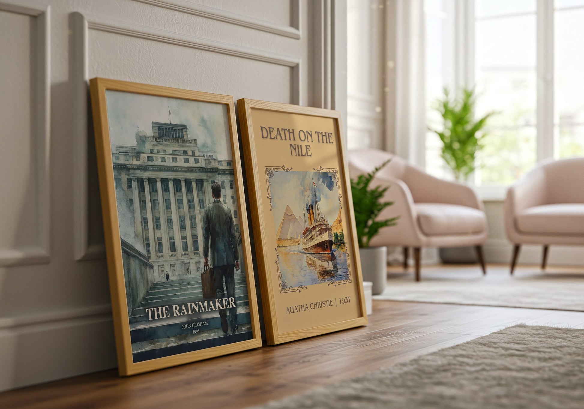 The Rainmaker watercolour print framed by window – literary home decor