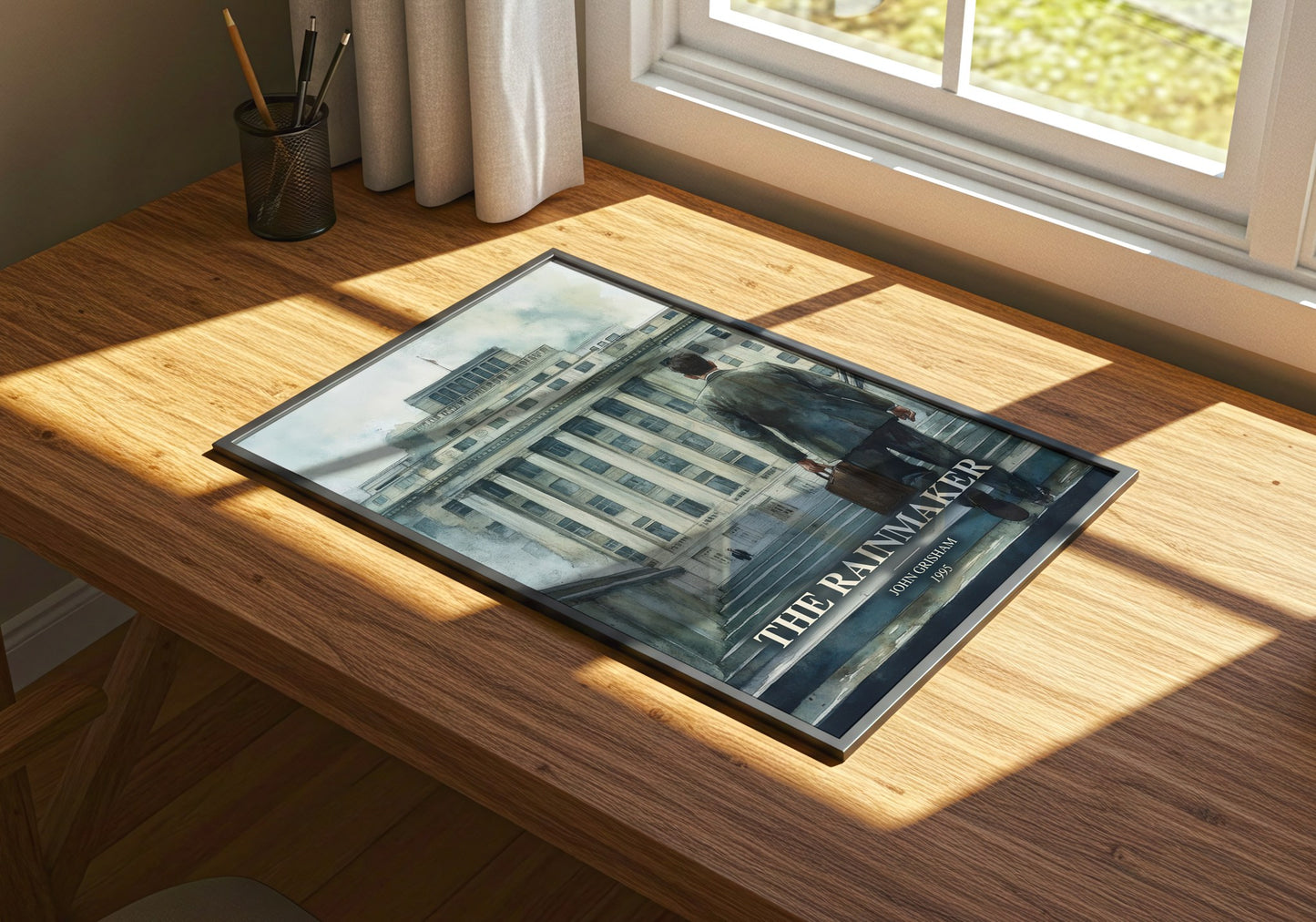 The Rainmaker watercolour book poster framed on wall – legal thriller wall art