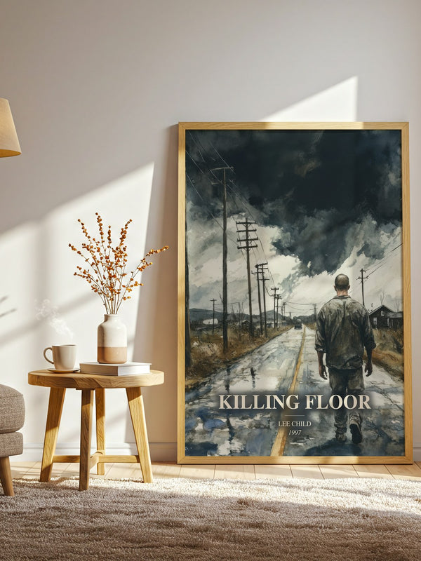 Killing Floor watercolour print in frame leaning in hallway – thriller wall art