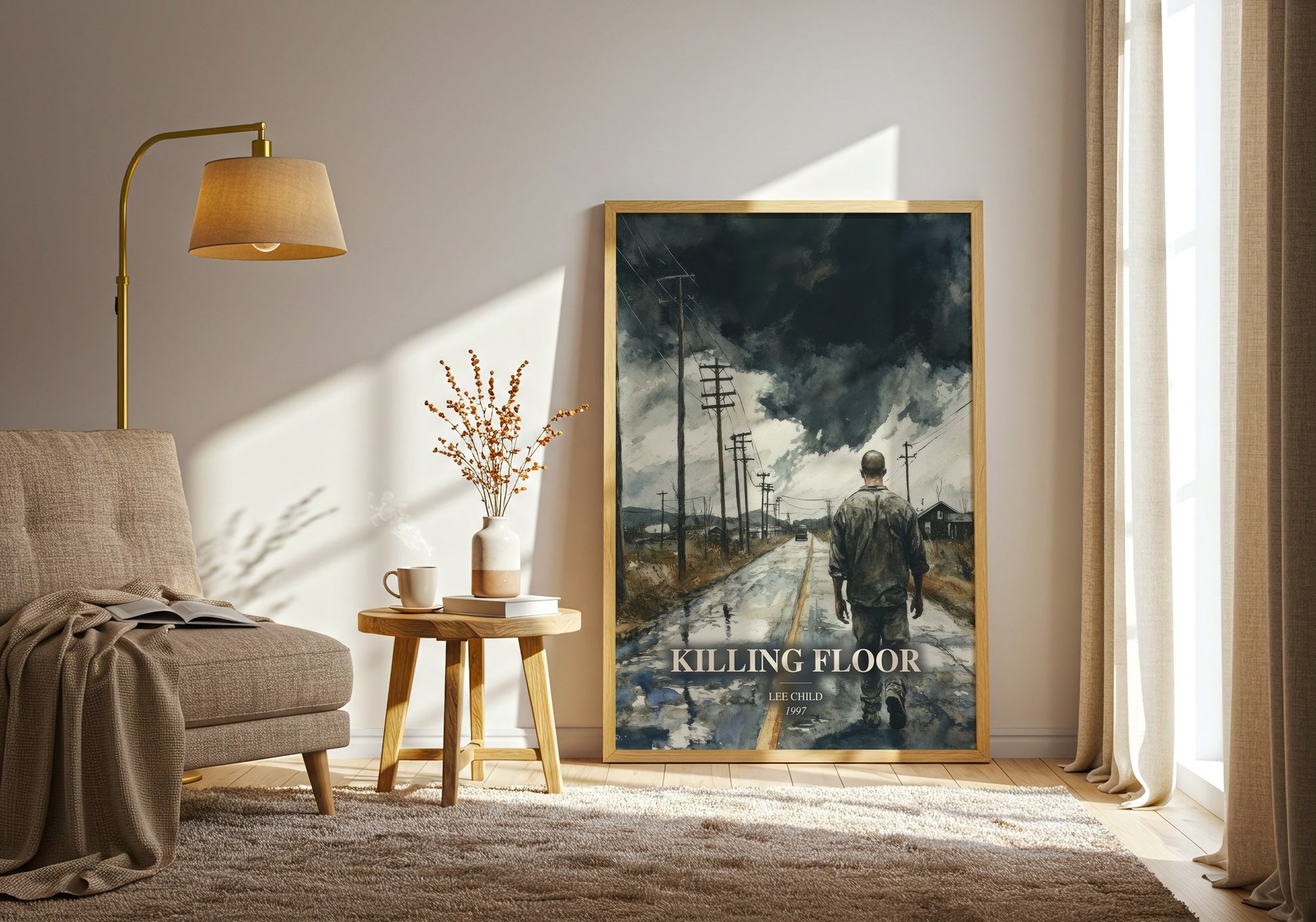 Killing Floor watercolour print in frame leaning in hallway – thriller wall art