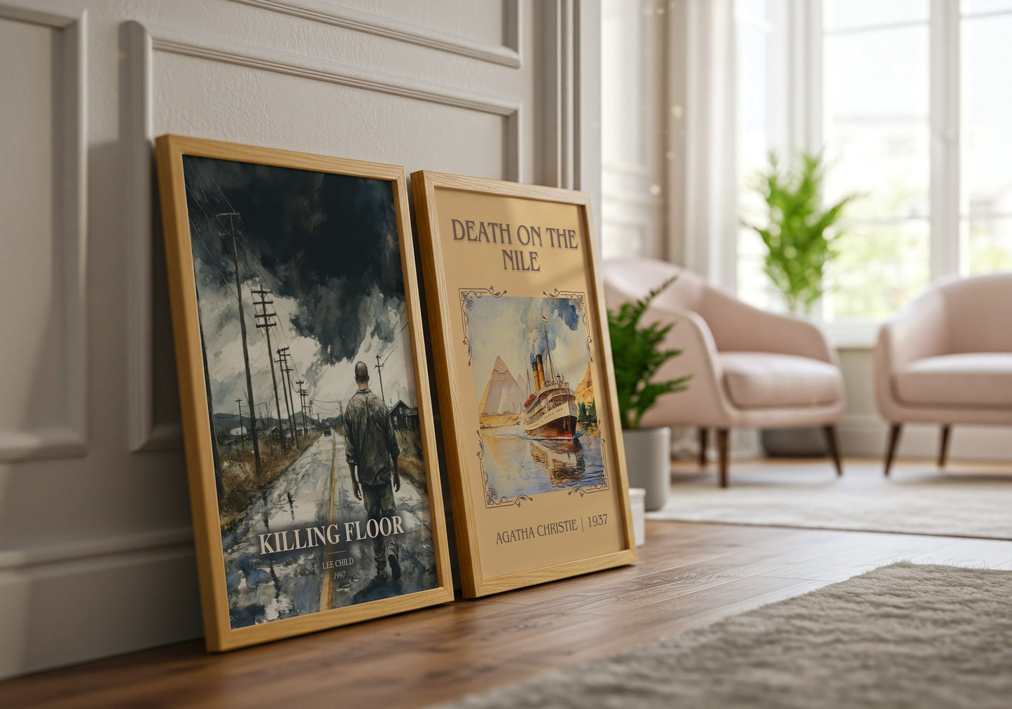 Killing Floor watercolour print framed by window – literary home decor
