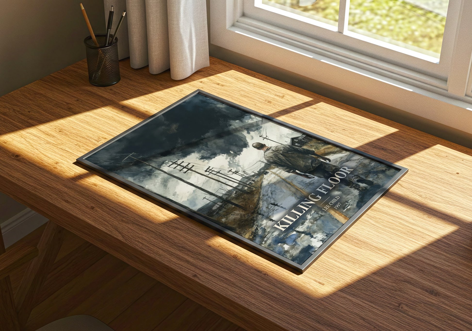 Killing Floor watercolour book poster framed on wall – thriller wall art
