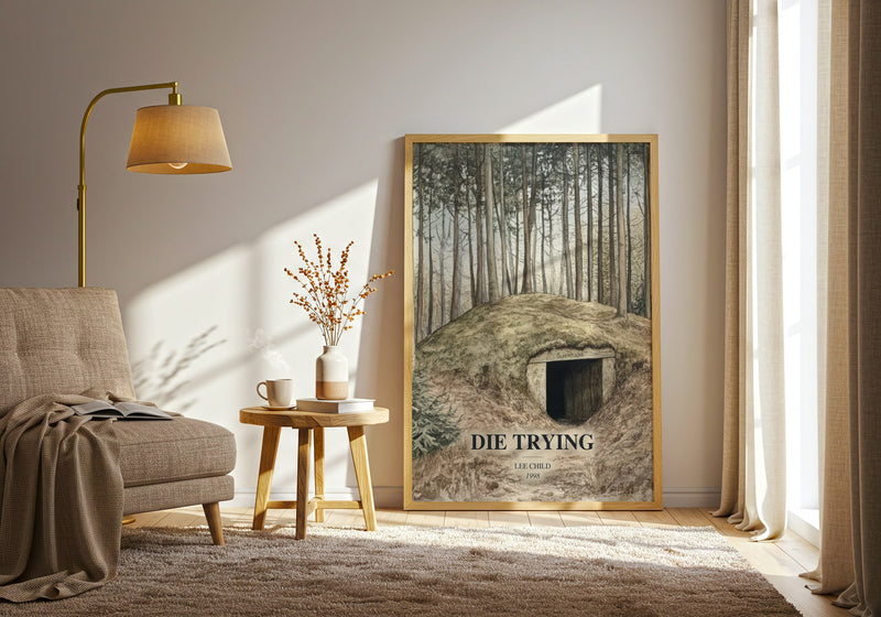 Die Trying watercolour print in frame leaning in hallway – thriller wall art