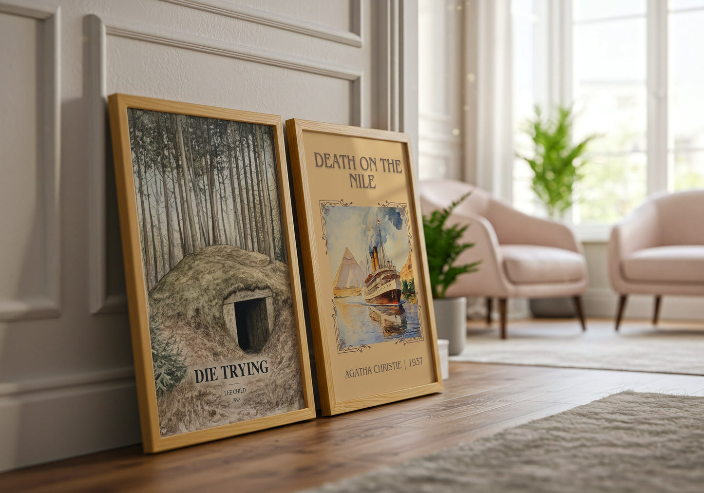 Die Trying watercolour print framed by window – literary home decor