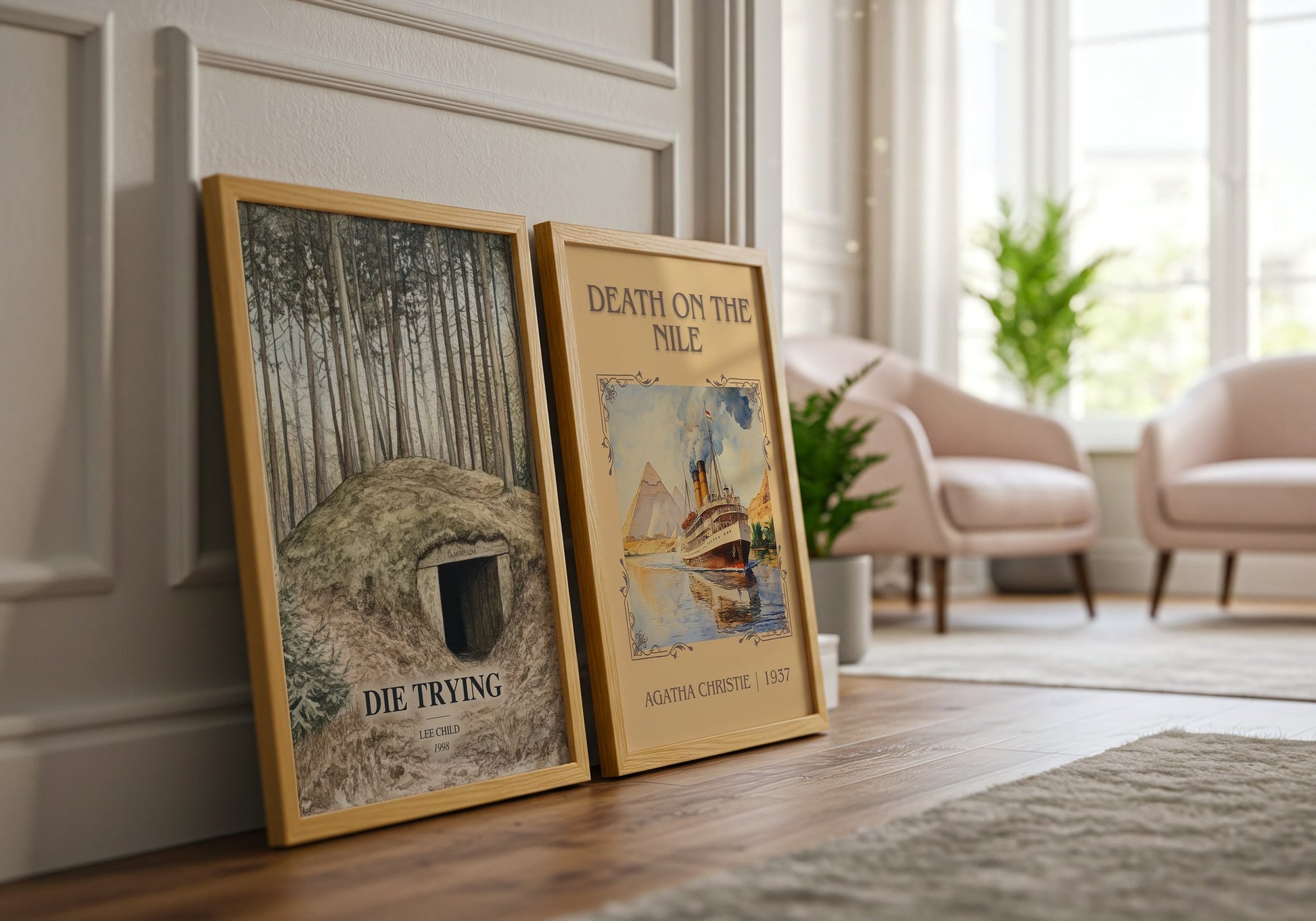 Die Trying watercolour print framed by window – literary home decor