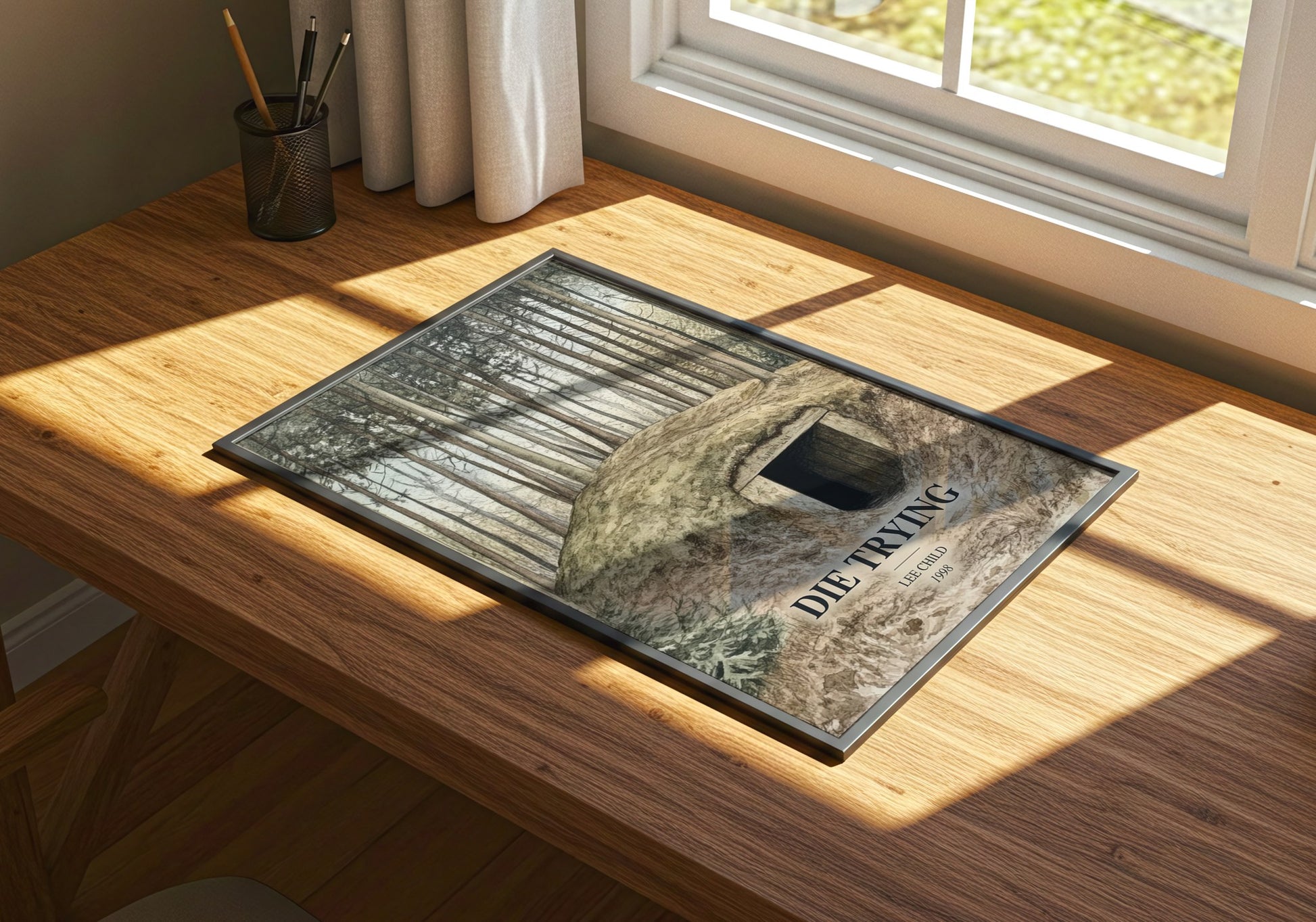 Die Trying watercolour book poster framed on wall – thriller wall art