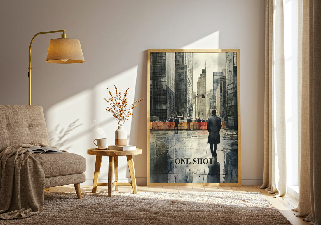 One Shot watercolour print in frame leaning in hallway – thriller wall art (mockup)