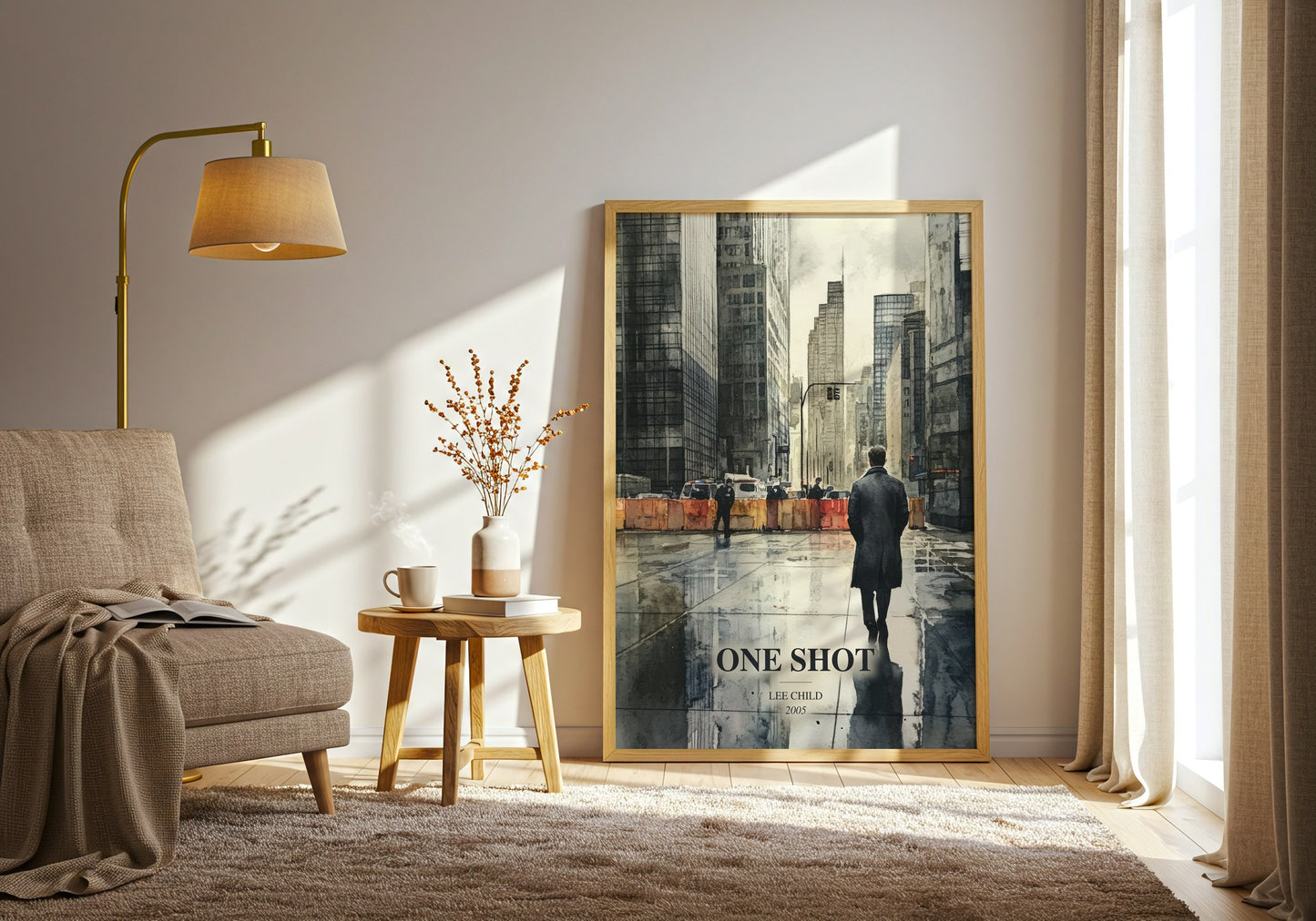 One Shot watercolour print in frame leaning in hallway – thriller wall art