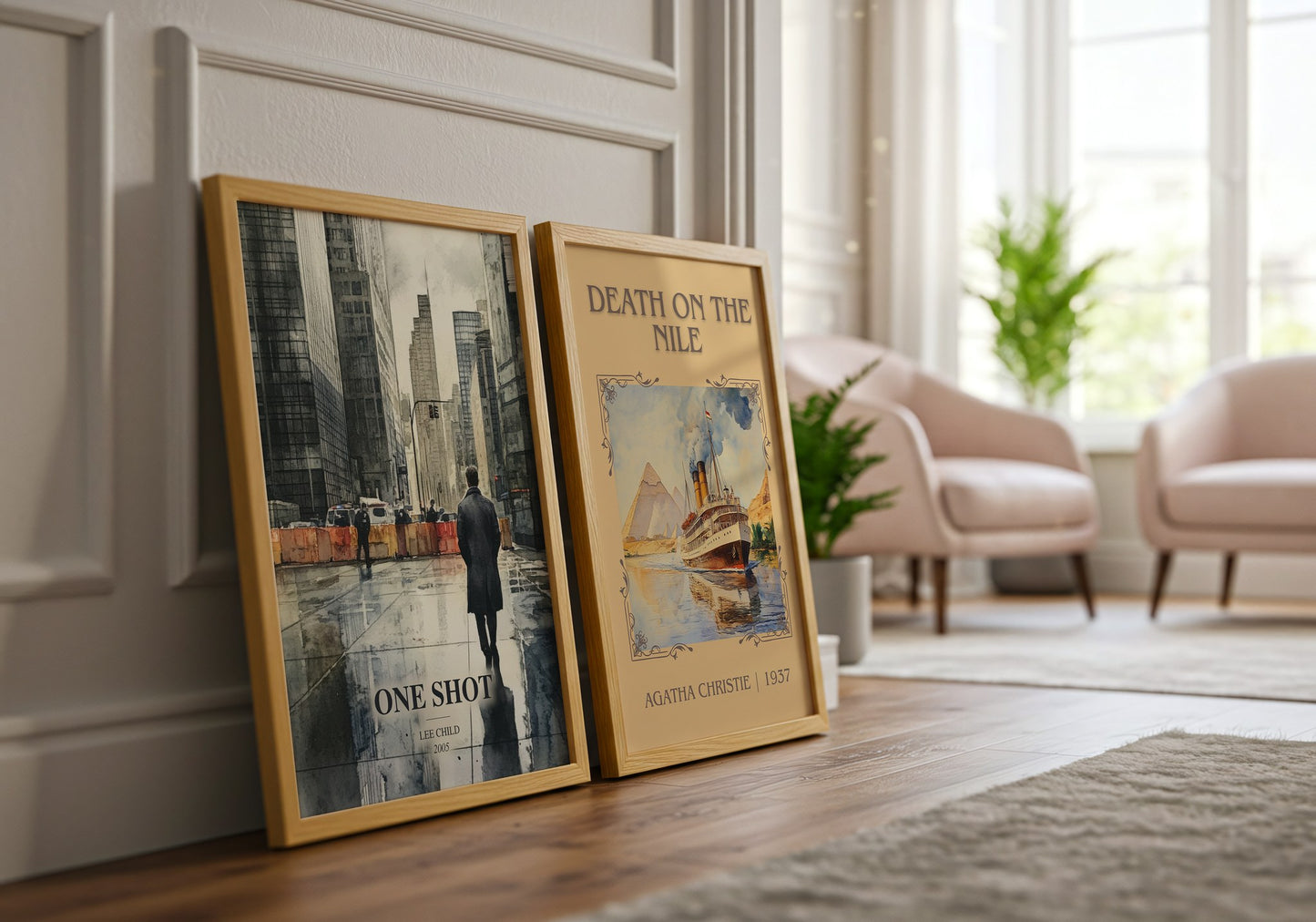One Shot watercolour print framed by window – literary home decor
