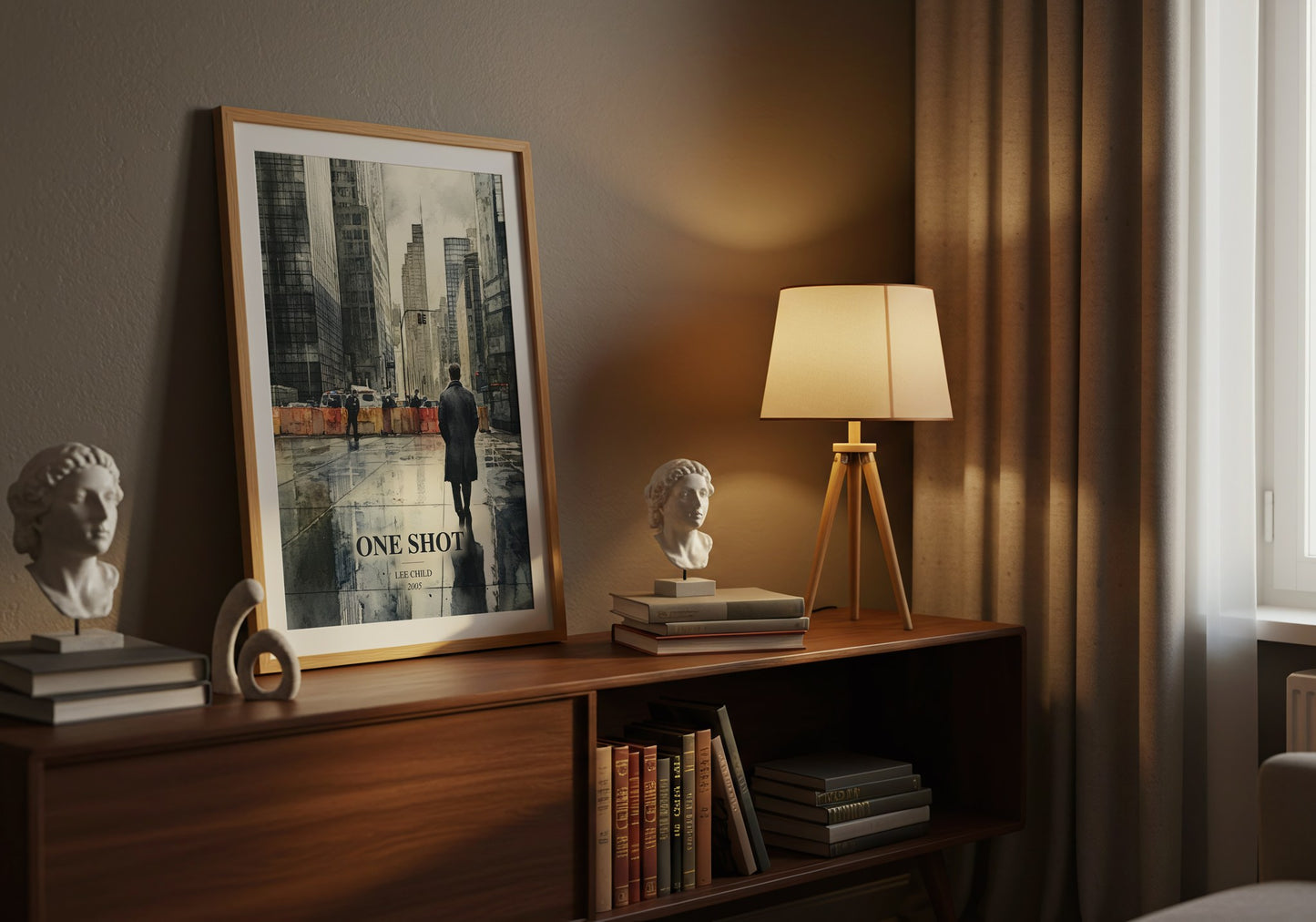 One Shot watercolour print on bookshelf – Lee Child fan gift