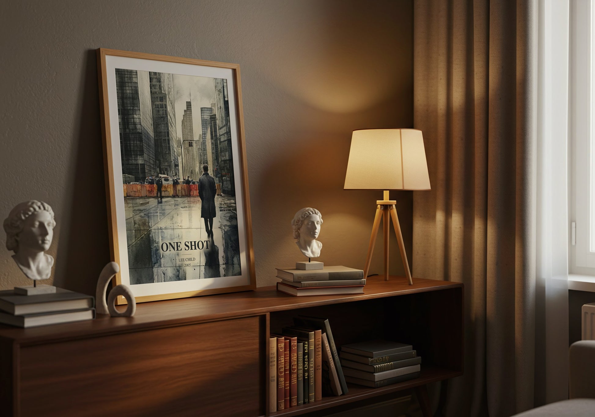 One Shot watercolour print on bookshelf – Lee Child fan gift