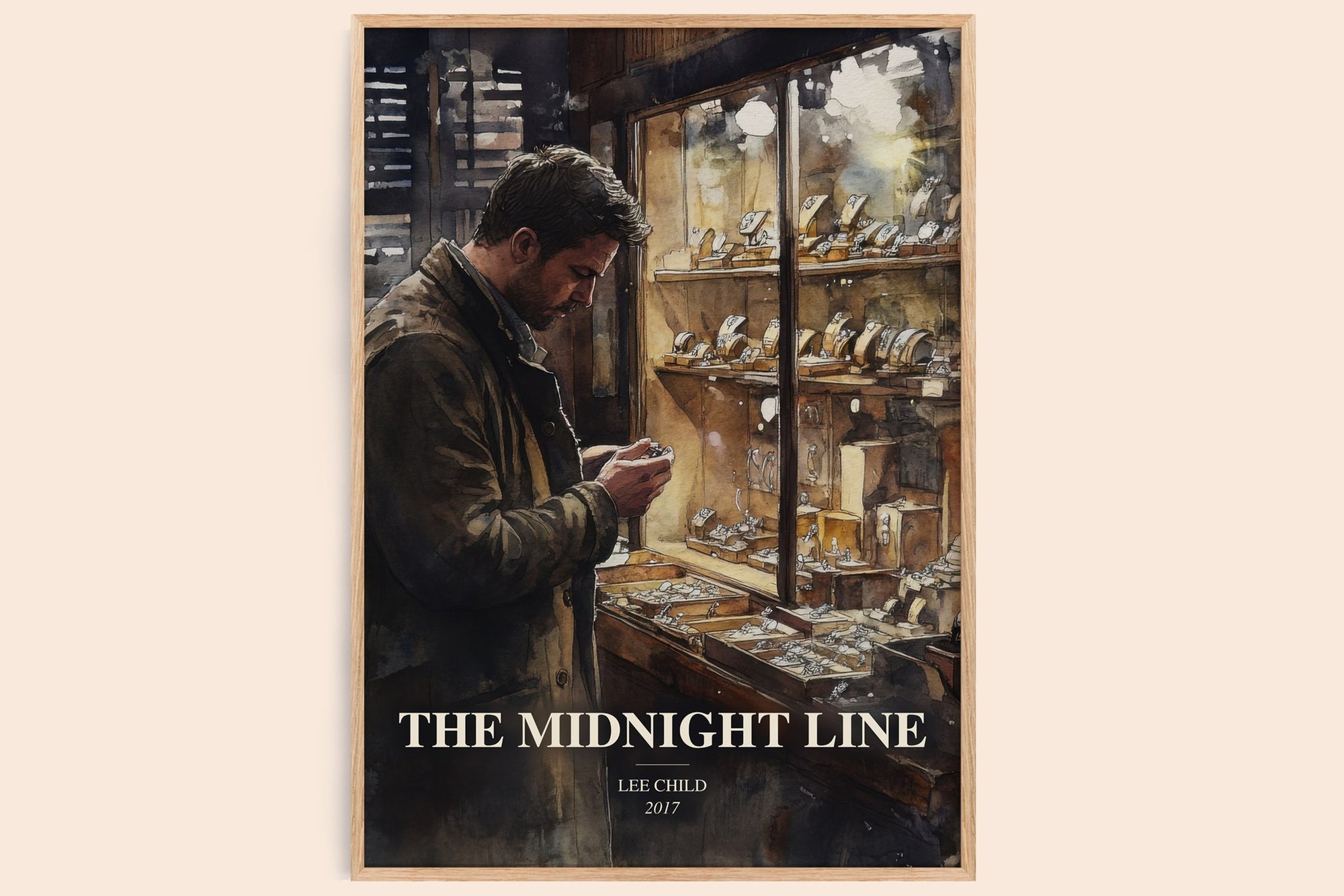 The Midnight Line watercolour book poster by Lee Child – framed literary art print