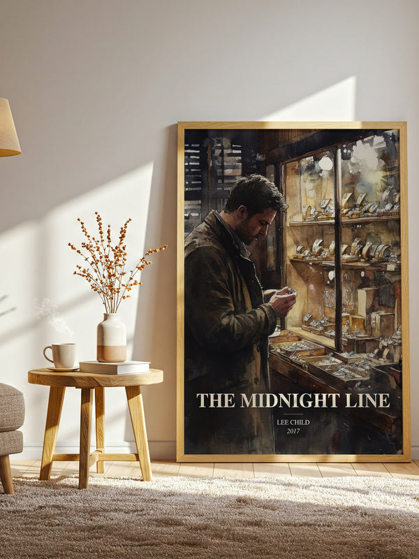 The Midnight Line watercolour print in frame leaning in hallway – thriller wall art