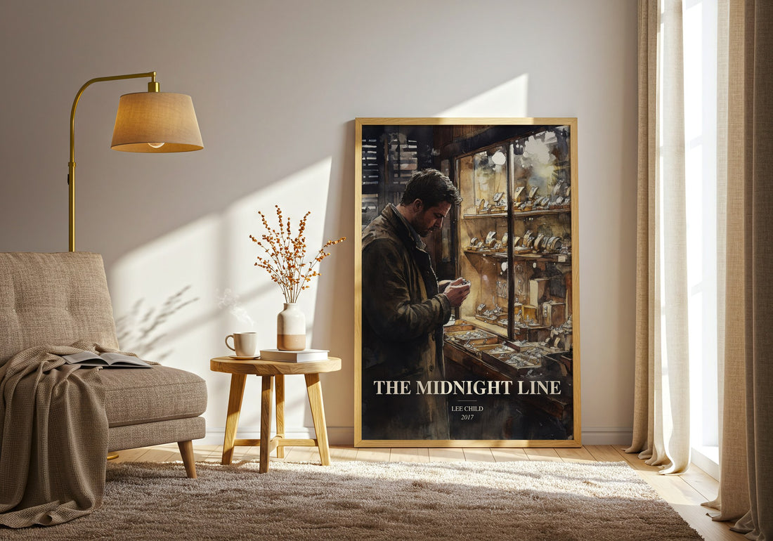 The Midnight Line watercolour print in frame leaning in hallway – thriller wall art (mockup)