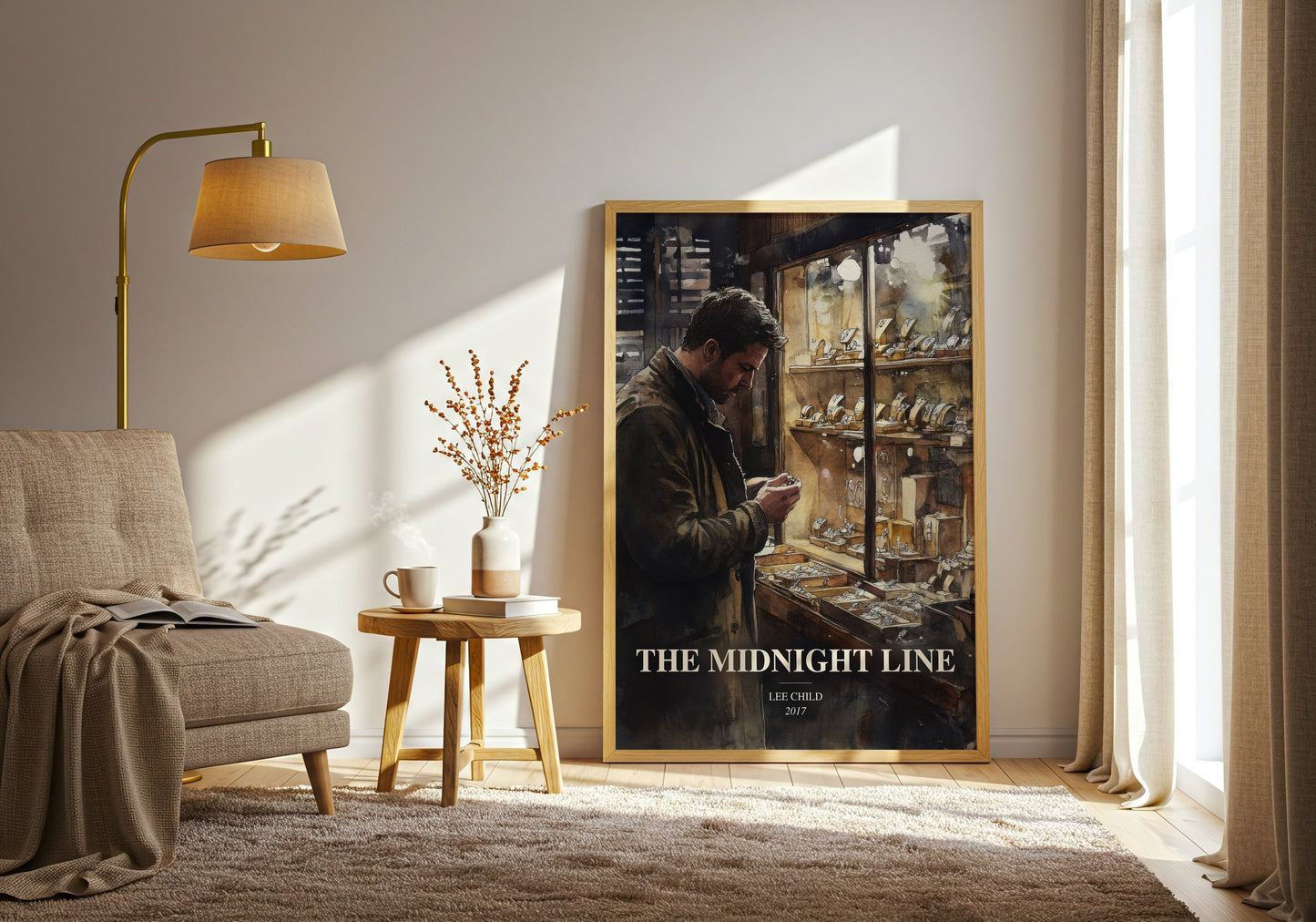 The Midnight Line watercolour print in frame leaning in hallway – thriller wall art