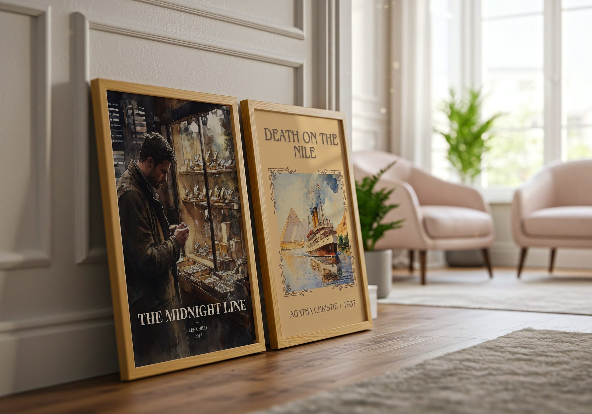 The Midnight Line watercolour print framed by window – literary home decor