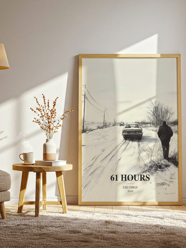 61 Hours watercolour print in frame leaning in hallway – thriller wall art