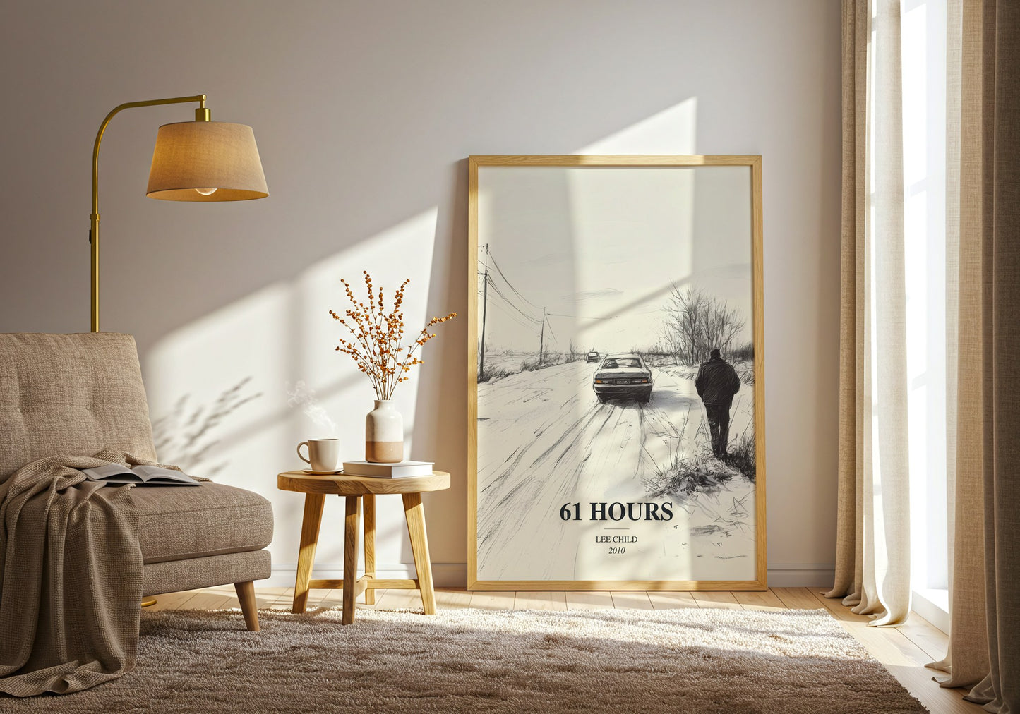 61 Hours watercolour print in frame leaning in hallway – thriller wall art