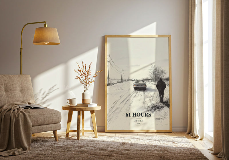 61 Hours watercolour print in frame leaning in hallway – thriller wall art