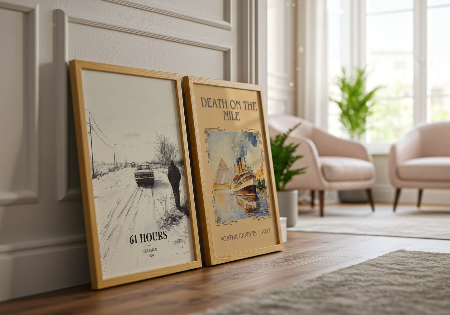 61 Hours watercolour print framed by window – literary home decor