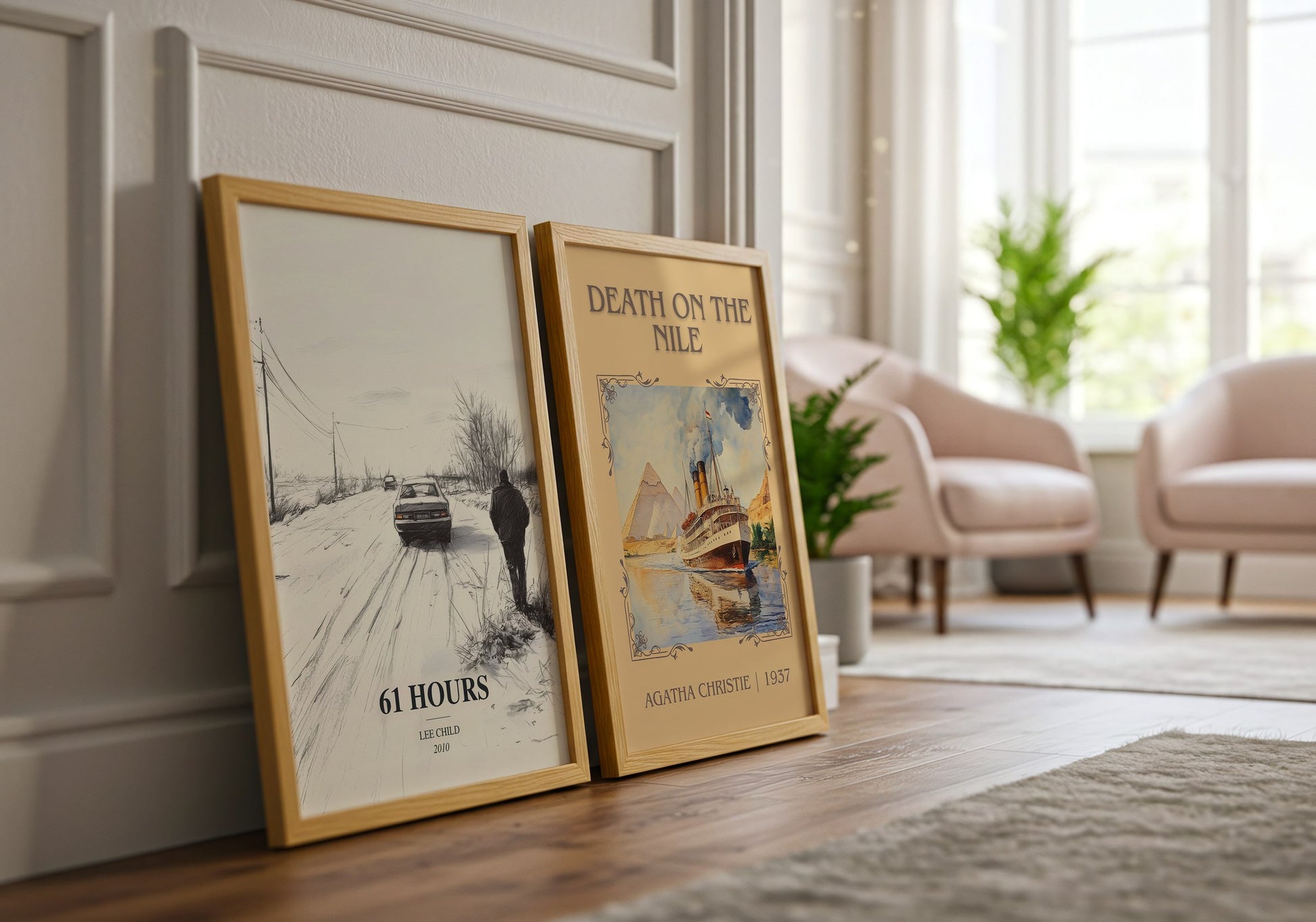 61 Hours watercolour print framed by window – literary home decor