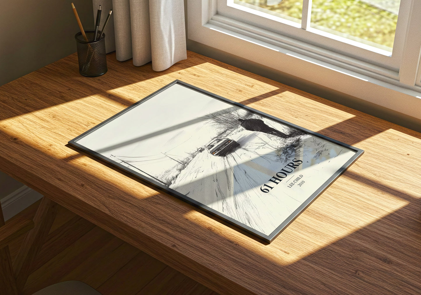 61 Hours watercolour book poster framed on wall – thriller wall art