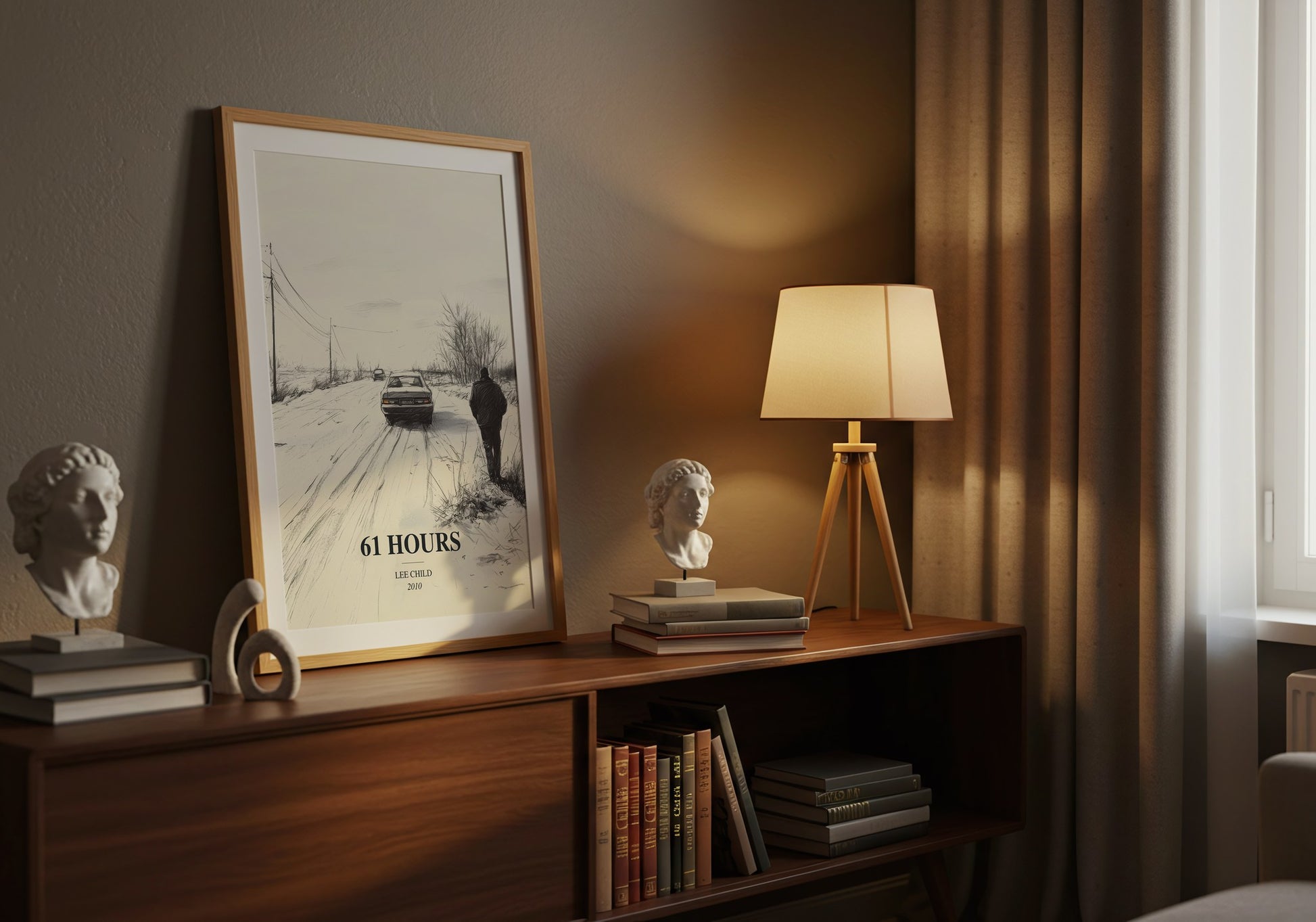 61 Hours watercolour print on bookshelf – Lee Child fan gift