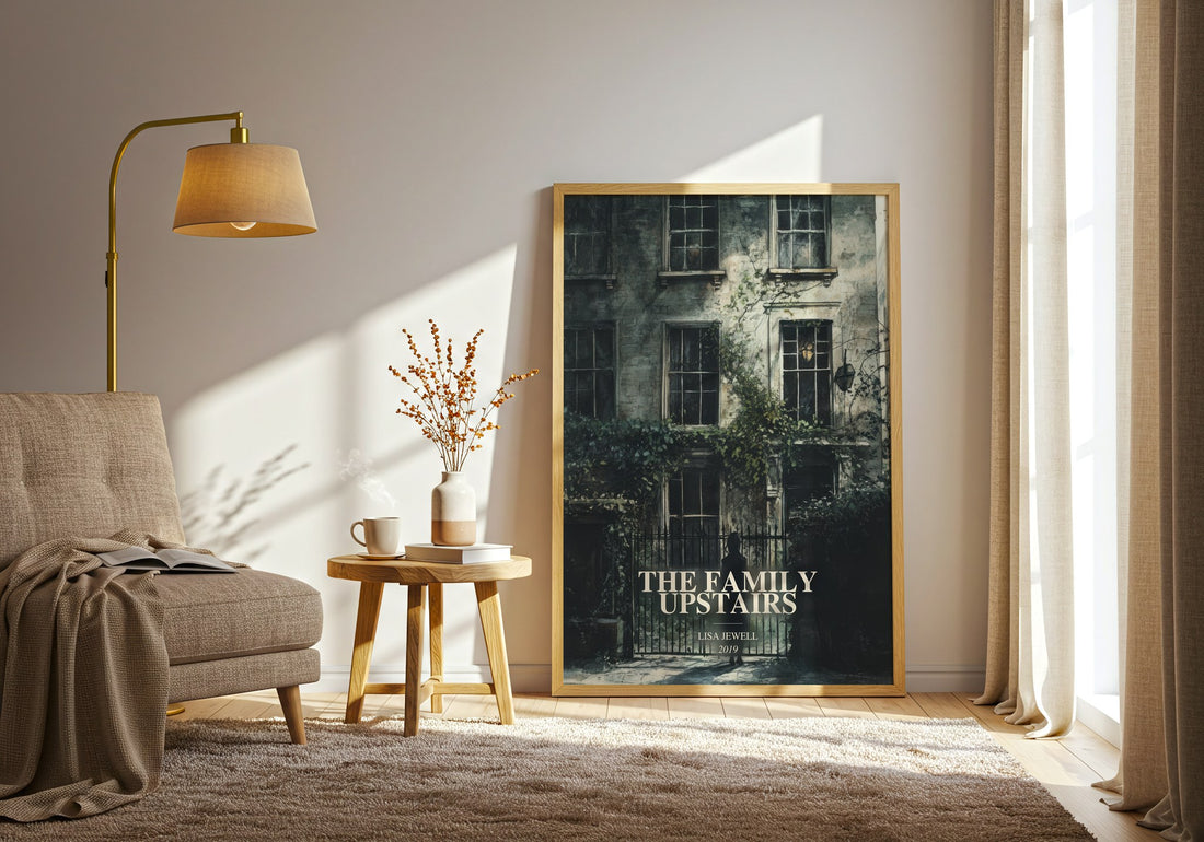 The Family Upstairs watercolour print in frame leaning in hallway – thriller wall art (mockup)
