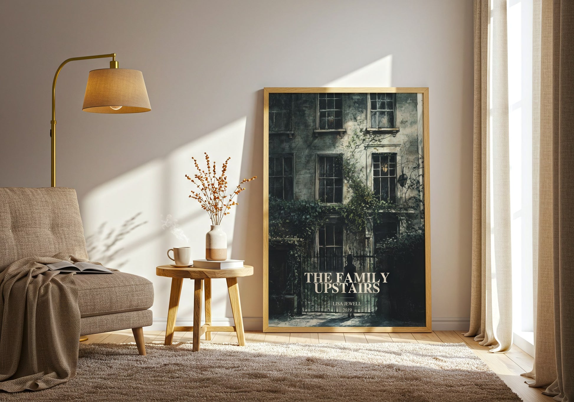 The Family Upstairs watercolour print in frame leaning in hallway – thriller wall art