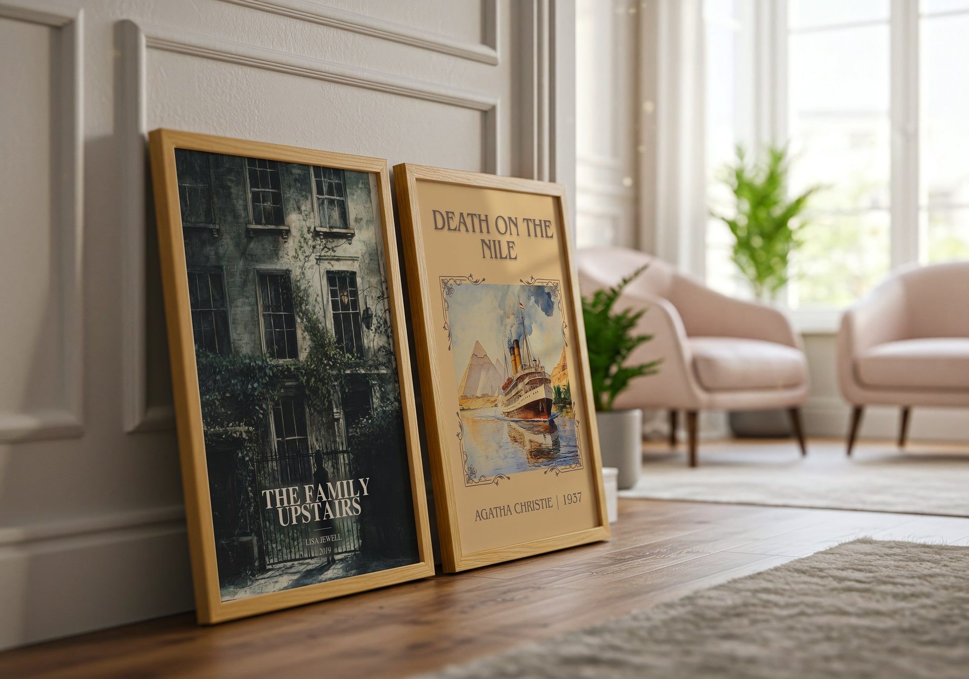 The Family Upstairs watercolour print framed by window – literary home decor