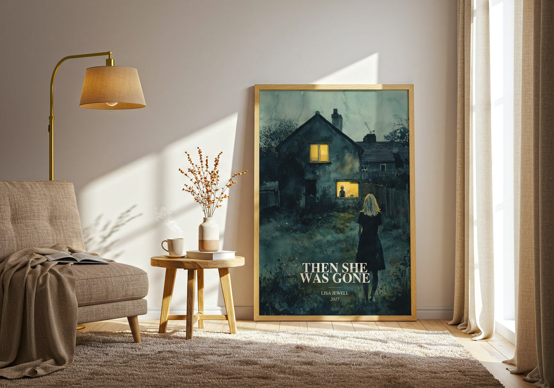 Then She Was Gone watercolour print in frame leaning in hallway – thriller wall art (mockup)