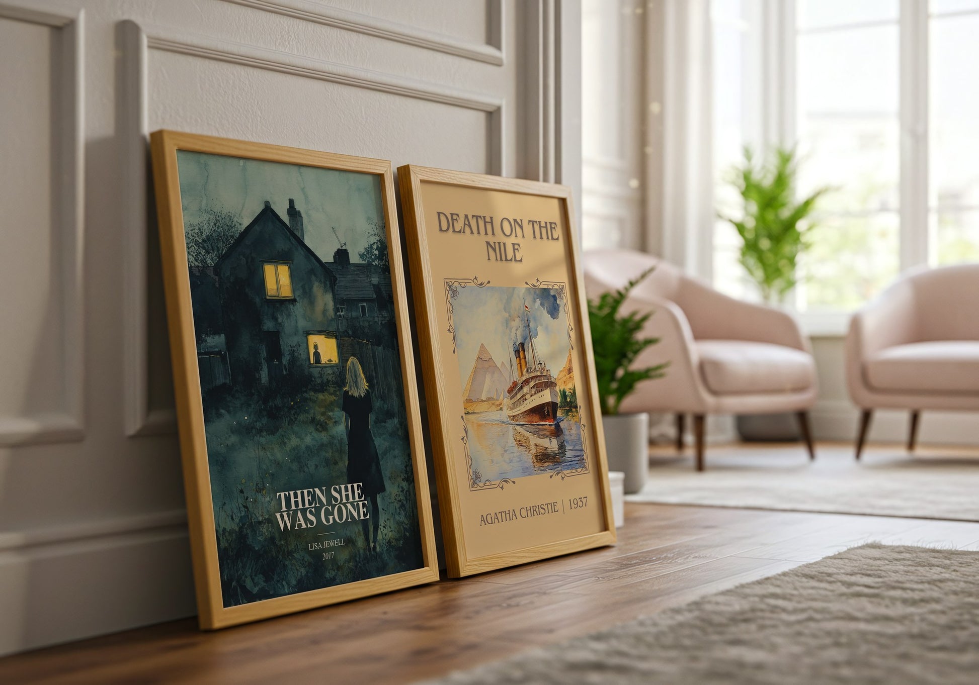Then She Was Gone watercolour print framed by window – literary home decor
