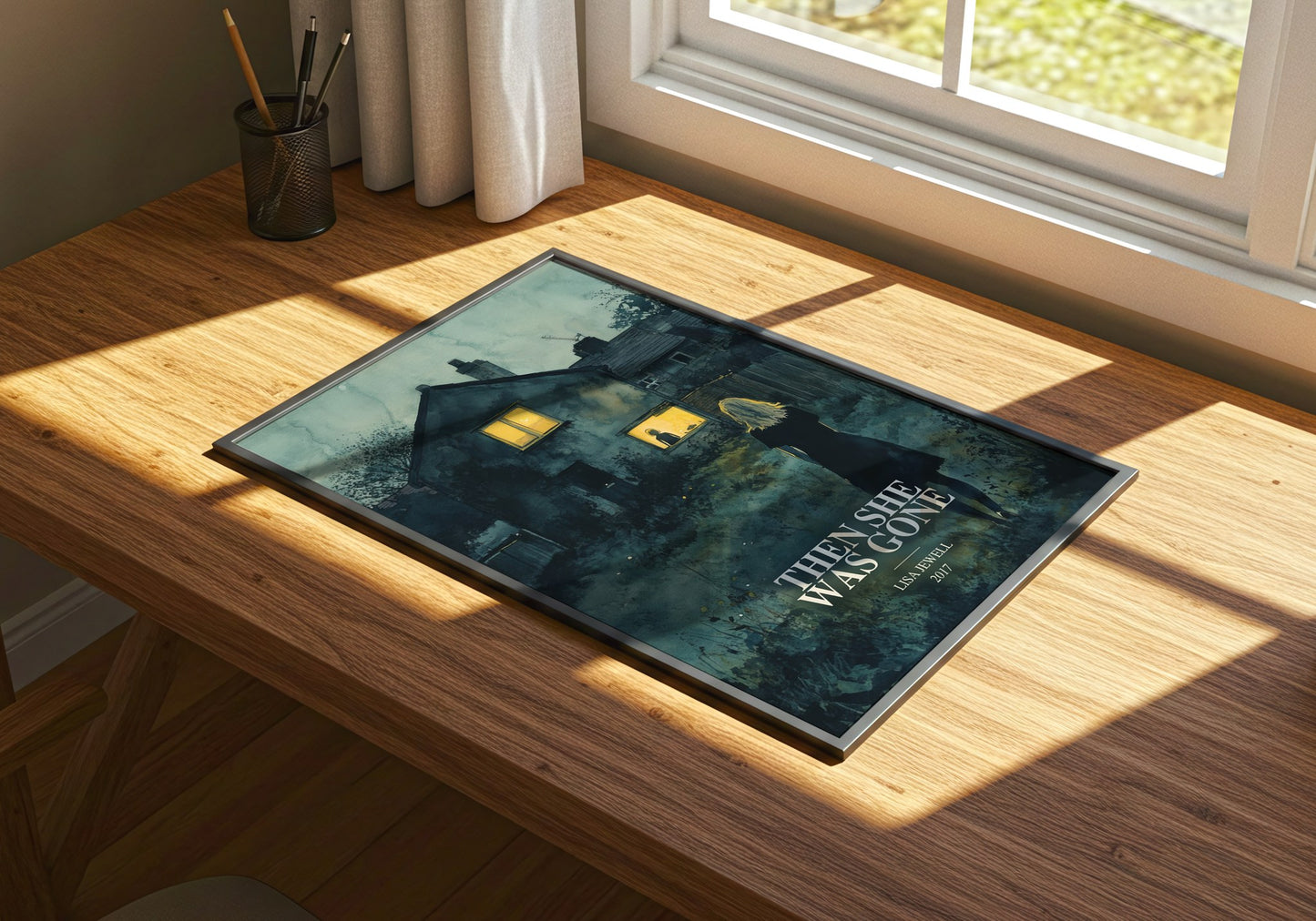 Then She Was Gone watercolour book poster framed on wall – thriller wall art