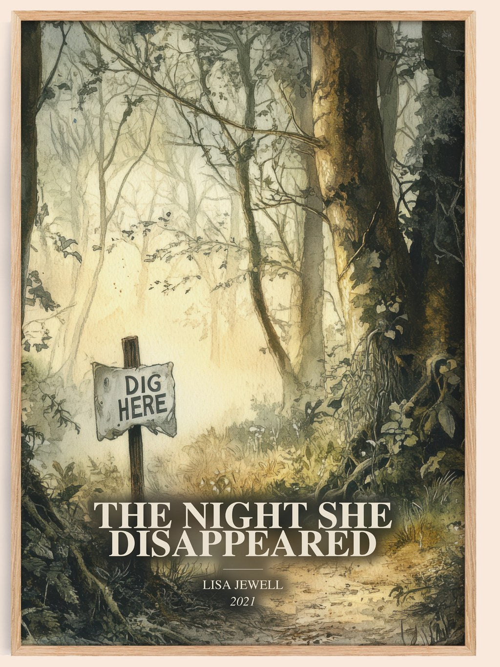 The Night She Disappeared watercolour book poster by Lisa Jewell – framed literary art print