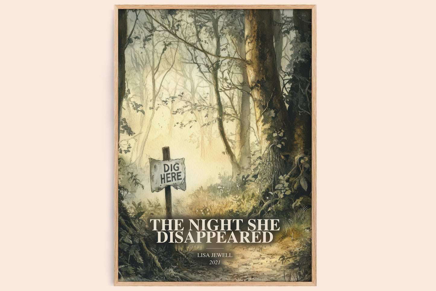The Night She Disappeared watercolour book poster by Lisa Jewell – framed literary art print