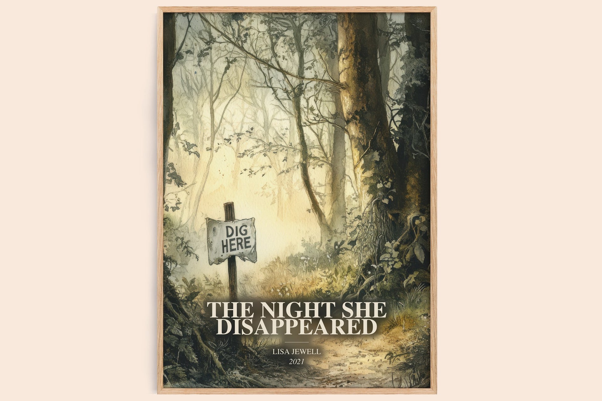 The Night She Disappeared watercolour book poster by Lisa Jewell – framed literary art print