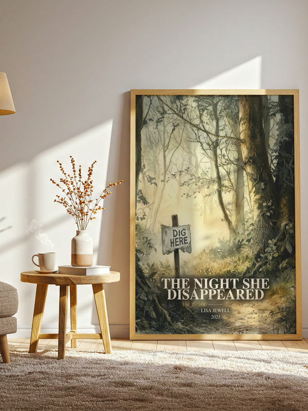 The Night She Disappeared watercolour print in frame leaning in hallway – mystery wall art