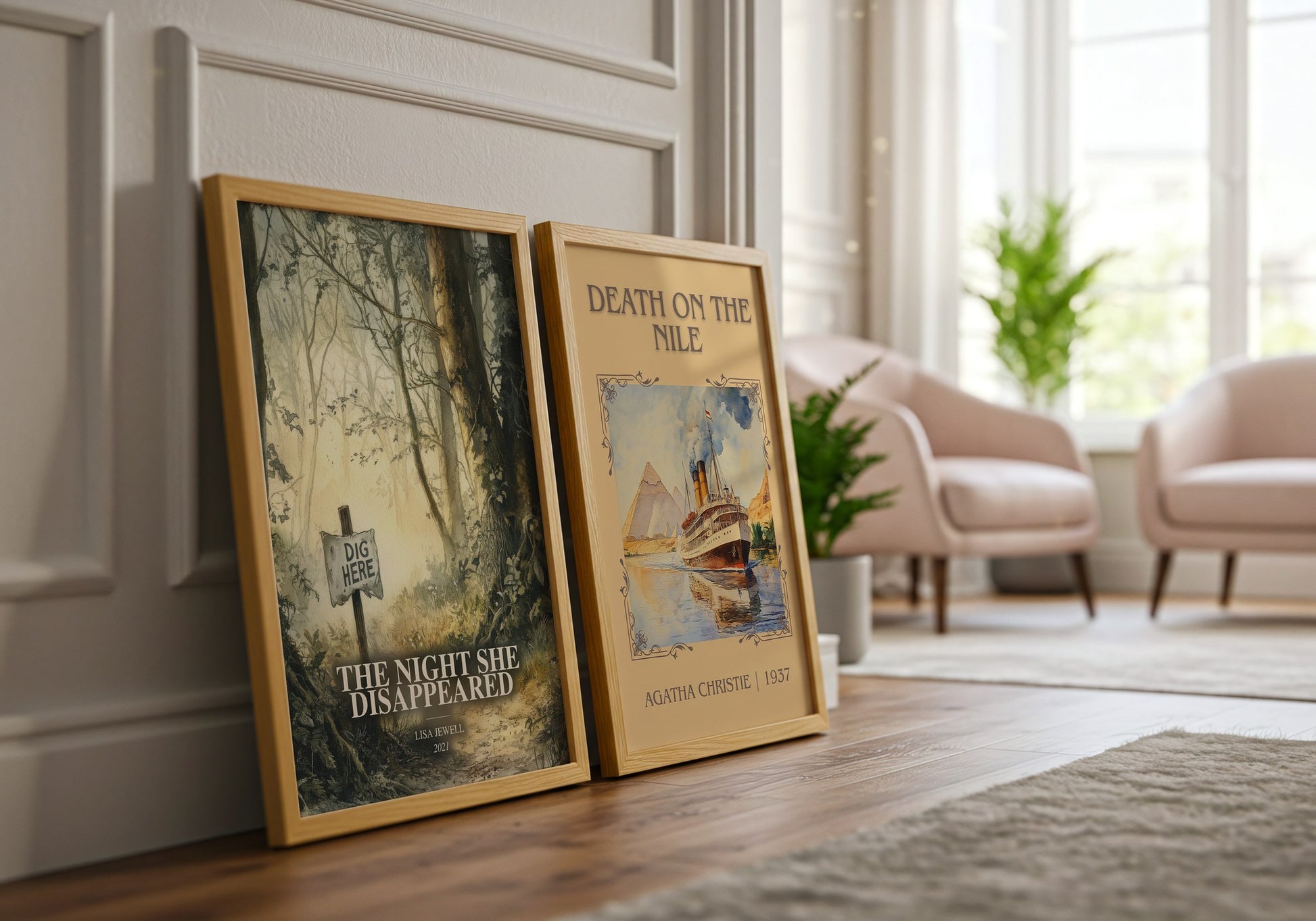 The Night She Disappeared watercolour print framed by window – literary home decor