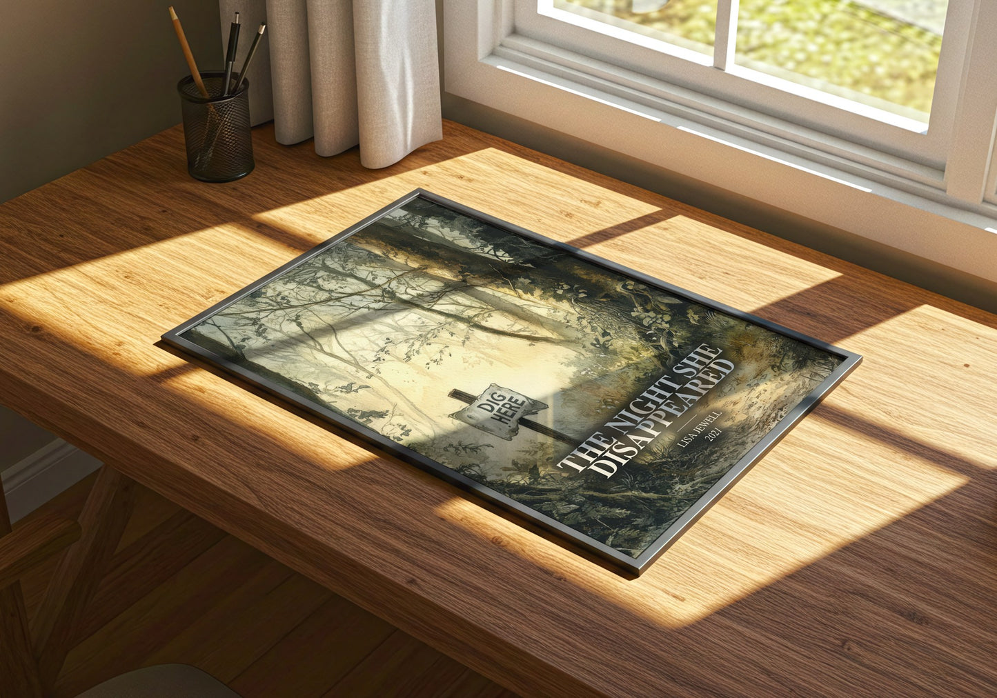 The Night She Disappeared watercolour book poster framed on wall – mystery wall art