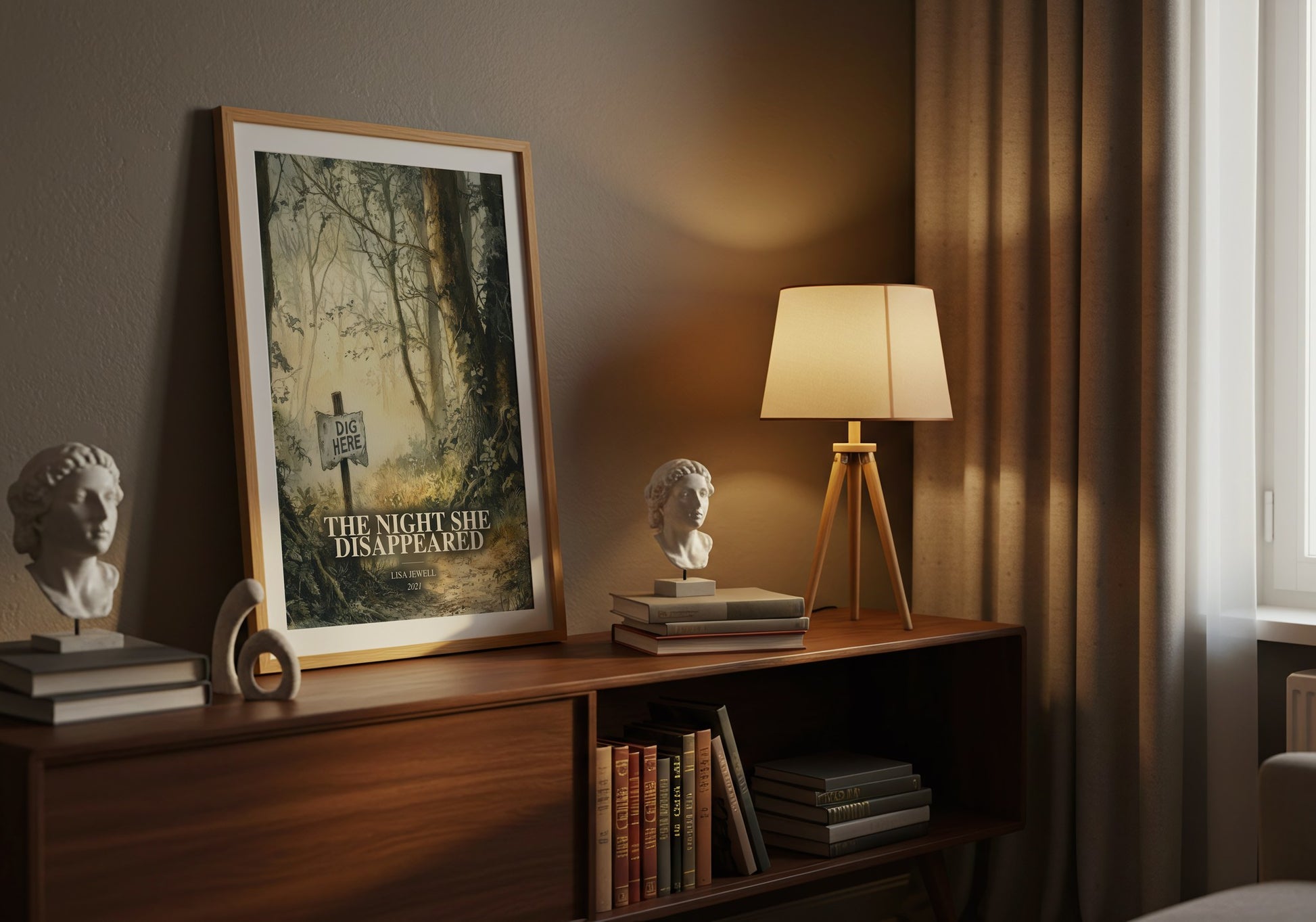 The Night She Disappeared watercolour print on bookshelf – Lisa Jewell fan gift