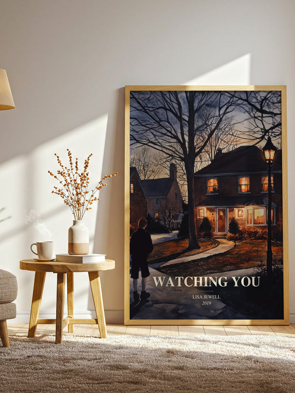 Watching You watercolour print in frame leaning in hallway – thriller wall art