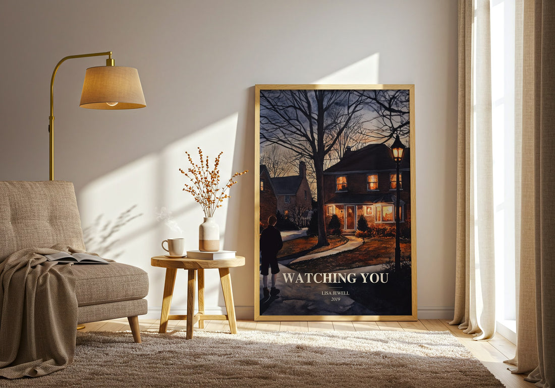 Watching You watercolour print in frame leaning in hallway – thriller wall art (mockup)