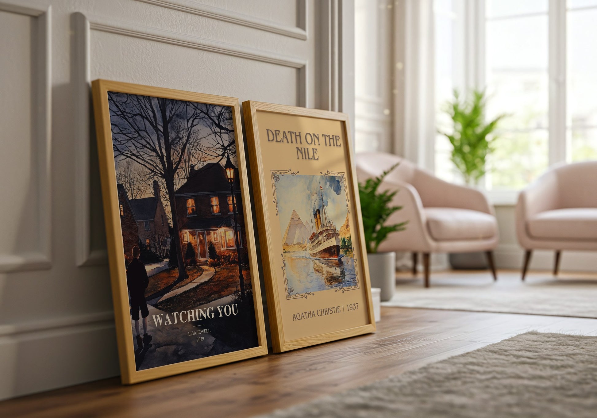 Watching You watercolour print framed by window – literary home decor