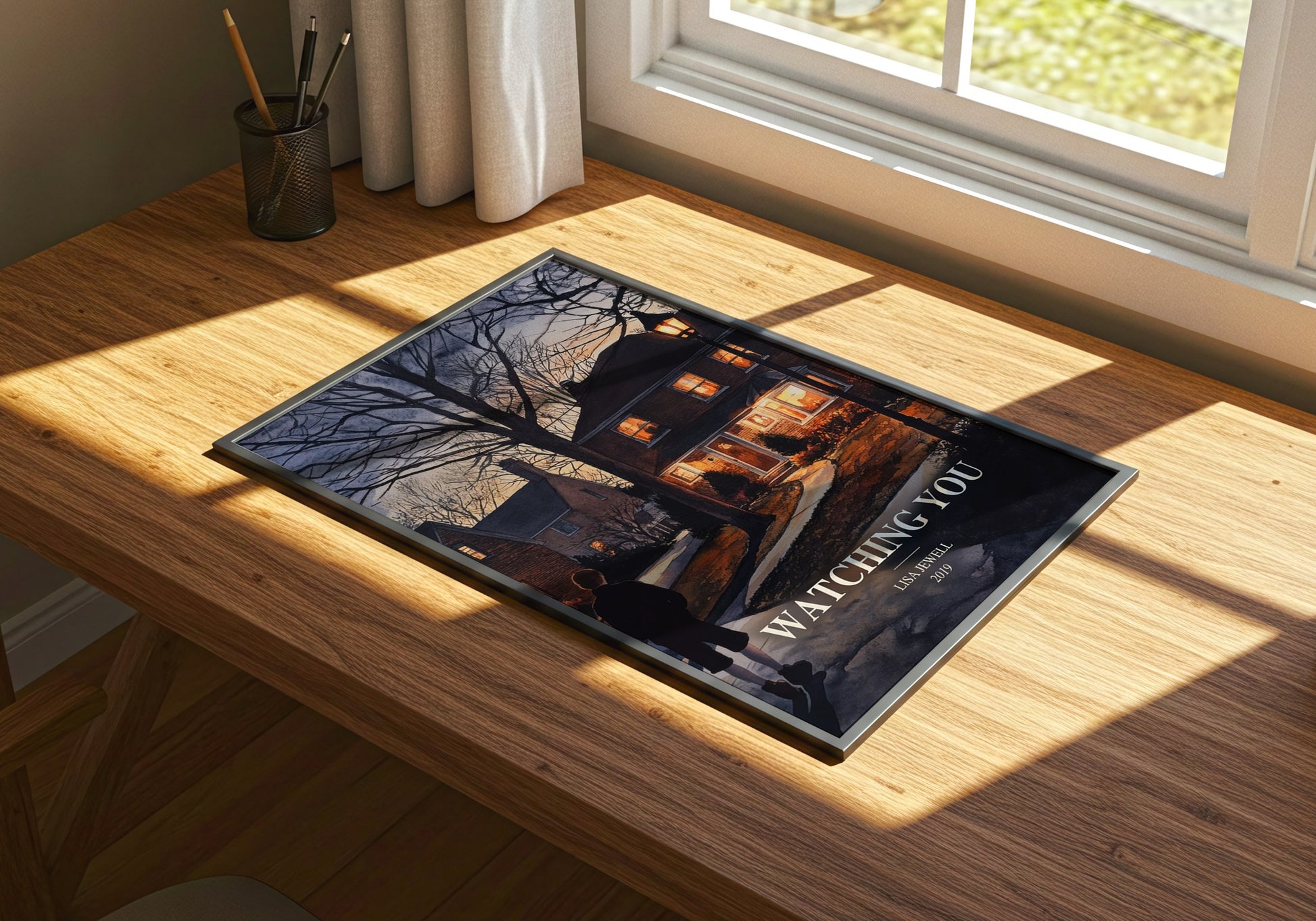 Watching You watercolour book poster framed on wall – thriller wall art
